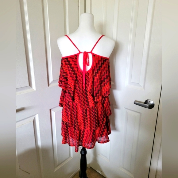 VaVa by Joy Han | Cute Red Sleeveless Chevron Tiered Flouncy Ruffle Dress - Picture 2 of 13